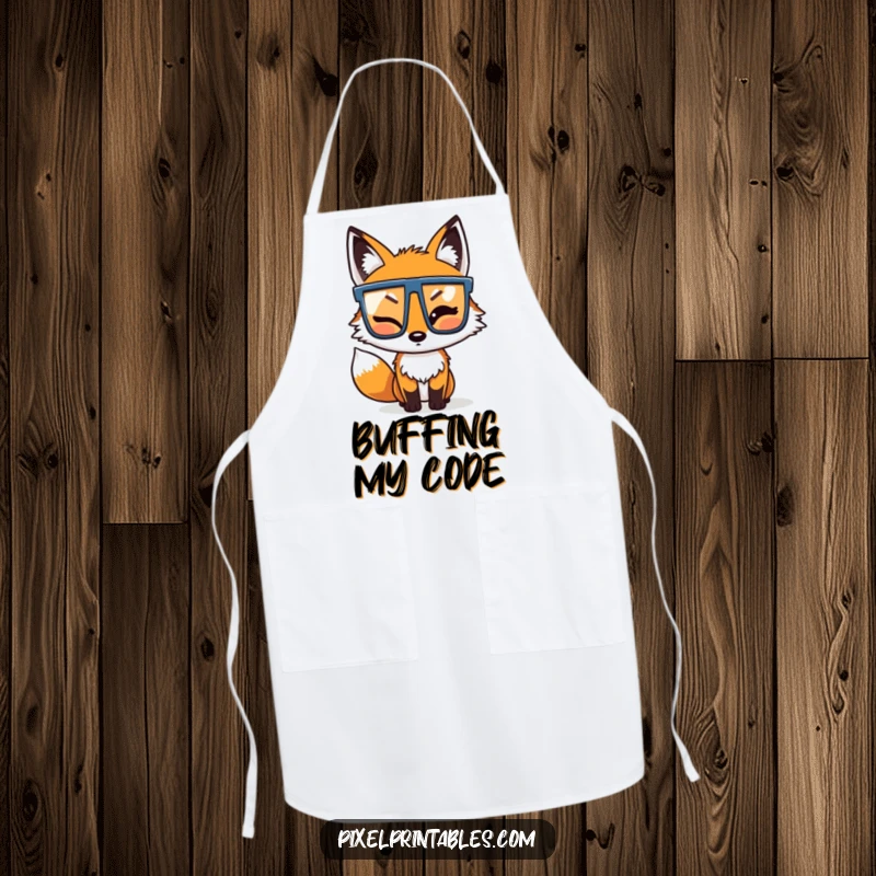 Funny Pixel Fox Apron: A winking pixelated fox adjusting pixel glasses, ideal for a fun and humorous cooking experience.