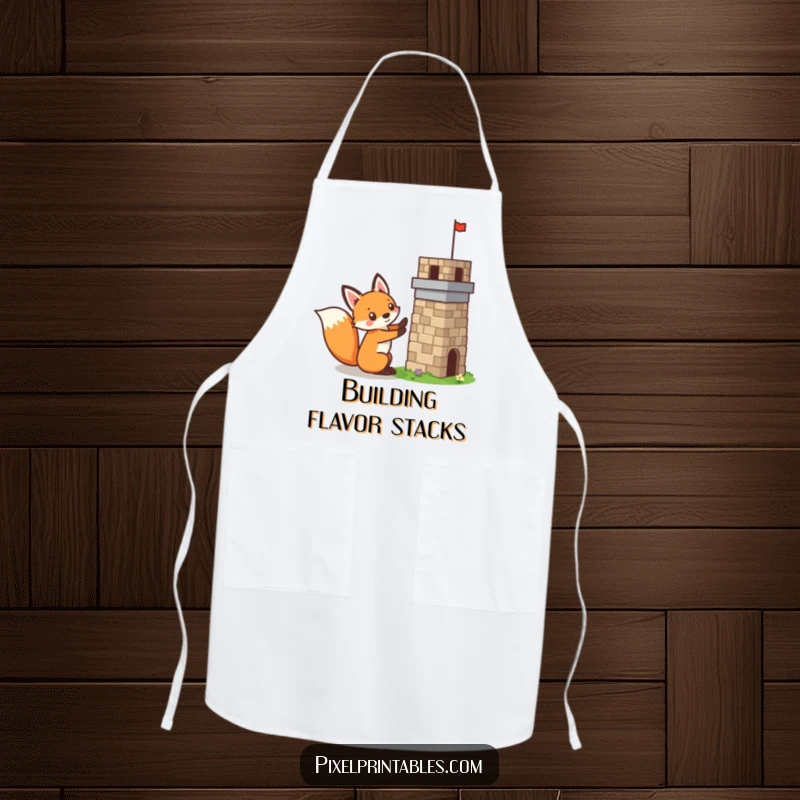 Funny pixelated fox building a tiny pixelated tower, mischievous expression, retro pixel art apron, kitchen accessory.