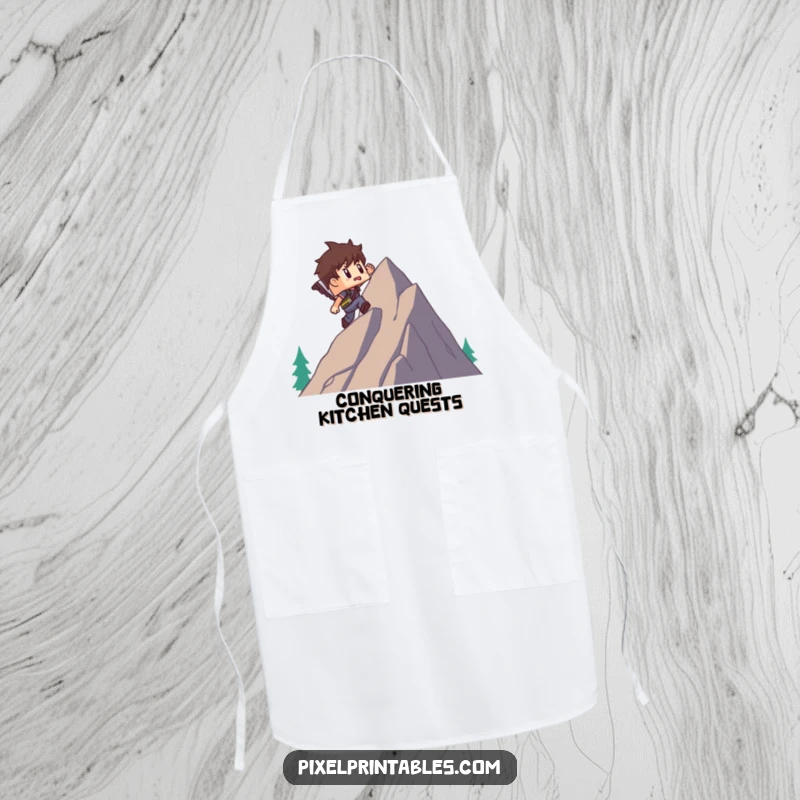 Funny apron showing a blocky pixel adventurer character climbing a pixel mountain, adding a humorous and practical touch to kitchen wear.