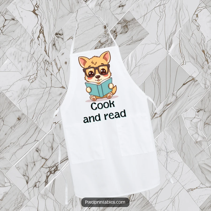 Funny apron showing a silly dog character wearing pixelated glasses and reading a book, perfect for a humorous and intellectually stimulating kitchen experience.