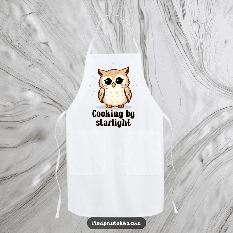 Funny pixelated owl apron showing an owl observing a pixelated star map, perfect for kitchen adventures and galactic gastronomy.