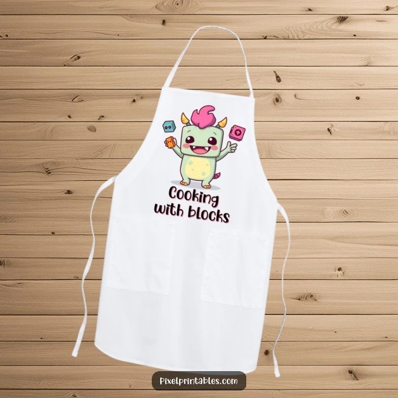Funny apron with a giggling, blocky monster juggling pixelated objects, ideal for kitchen adventures.