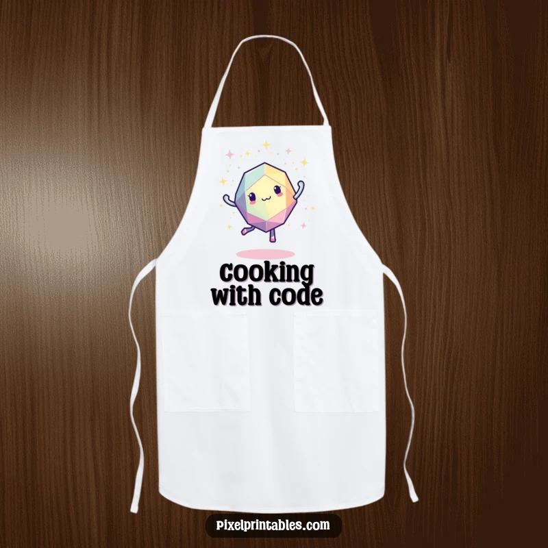 Funny pixelated geometric shape dancing playfully with bright pixelated sparkles, retro kitchen apron design.