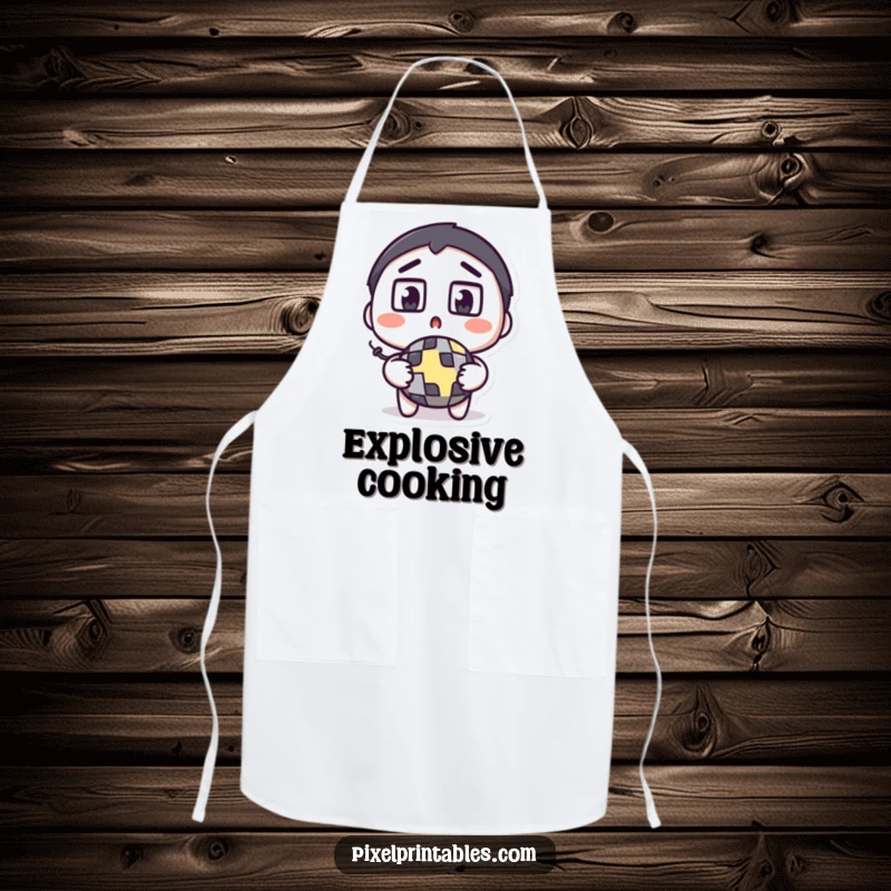 Funny pixel bomb apron showing a surprised character with square eyes wide, holding a pixelated bomb, perfect for cooking.