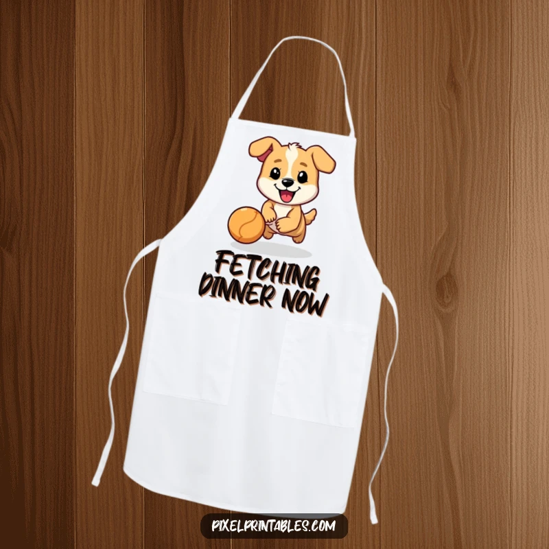 Funny apron featuring a cheerful, pixelated dog character chasing a bouncing ball, ideal for kitchen fun.