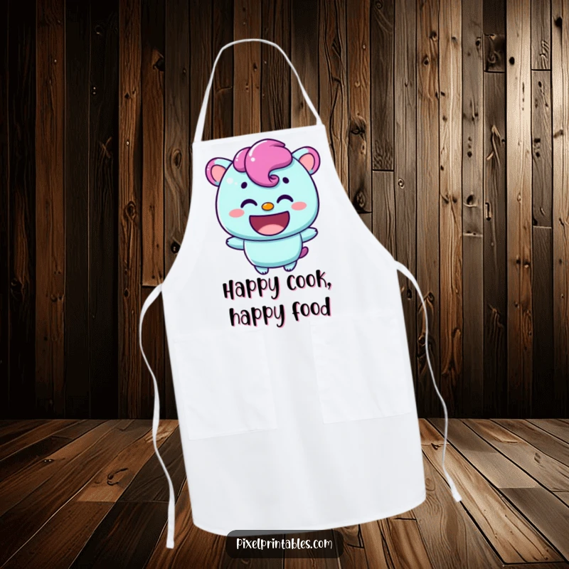 Funny apron showcasing a content pixelated character with a warm smile, perfect for adding cheer to cooking.