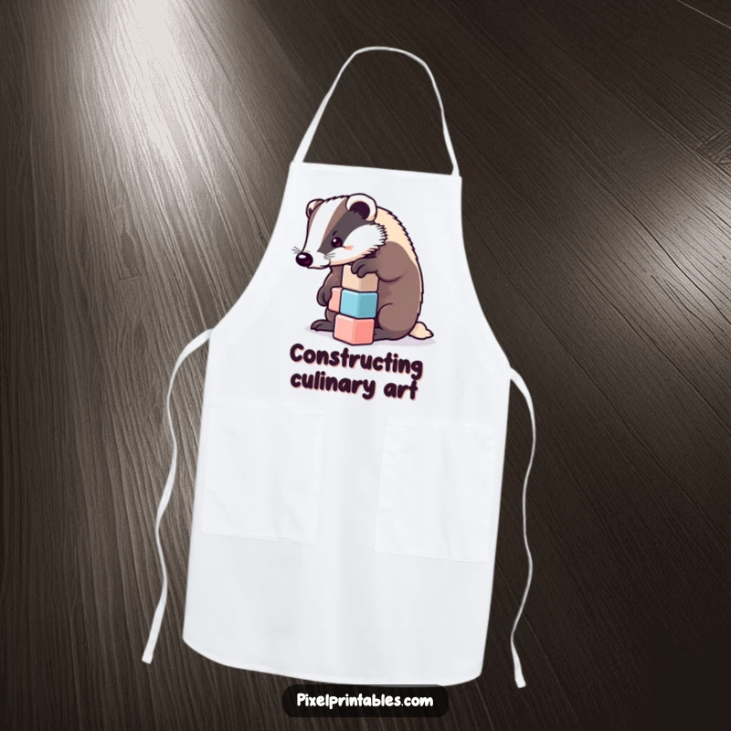 Funny badger wearing an apron, stacking pixelated cubes. Humorous kitchen accessory and funny gift.