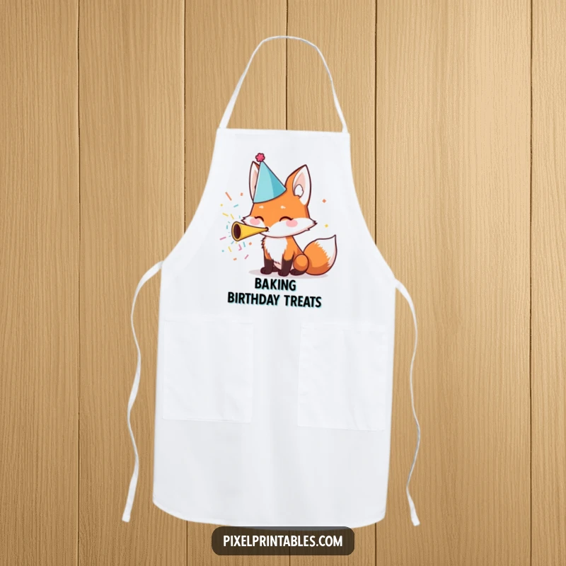 Funny Apron: A cute fox wearing a party hat joyfully blows a confetti horn, perfect for festive cooking.