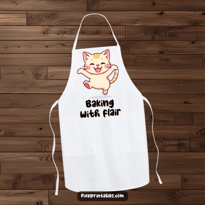 Funny Pixel Cat Apron: Cute pixelated cat leaping with a smile, kitchen humor pixel art.