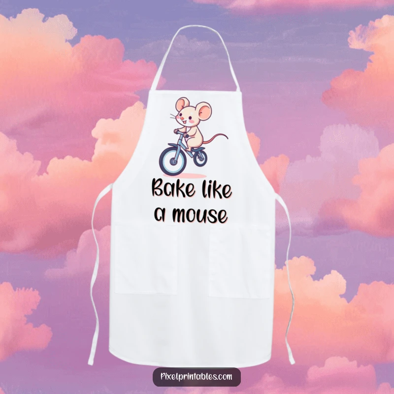 Funny apron featuring a giggling pixelated mouse riding a pixelated unicycle, perfect for adding retro whimsical fun to cooking.