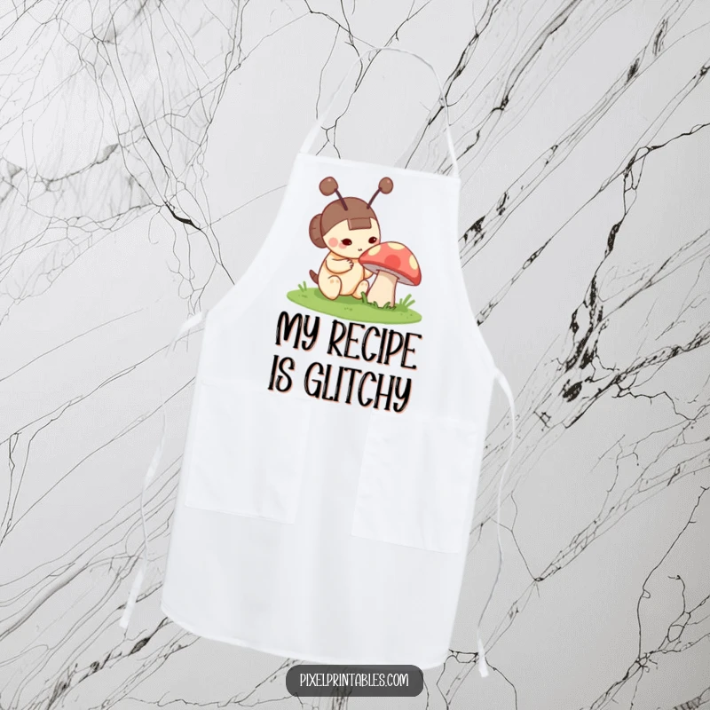 Funny apron depicting a curious pixel character with blocky antennae checking out a pixelated mushroom, perfect for kitchen fun.