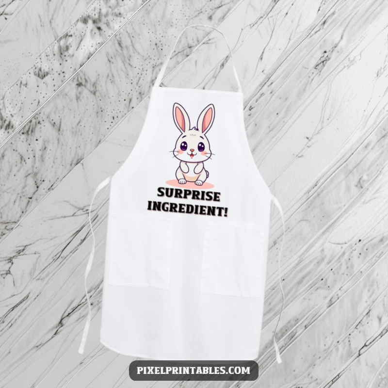 Funny pixelated rabbit peeking around a pixelated corner on a kitchen apron, a retro gaming design for humorous cooking sessions.
