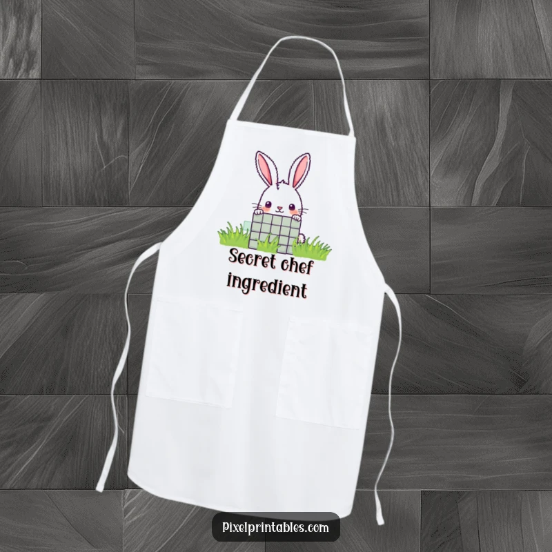 Funny pixel rabbit apron with a curious pixelated rabbit peeking from behind a pixel, perfect for kitchen curiosity.
