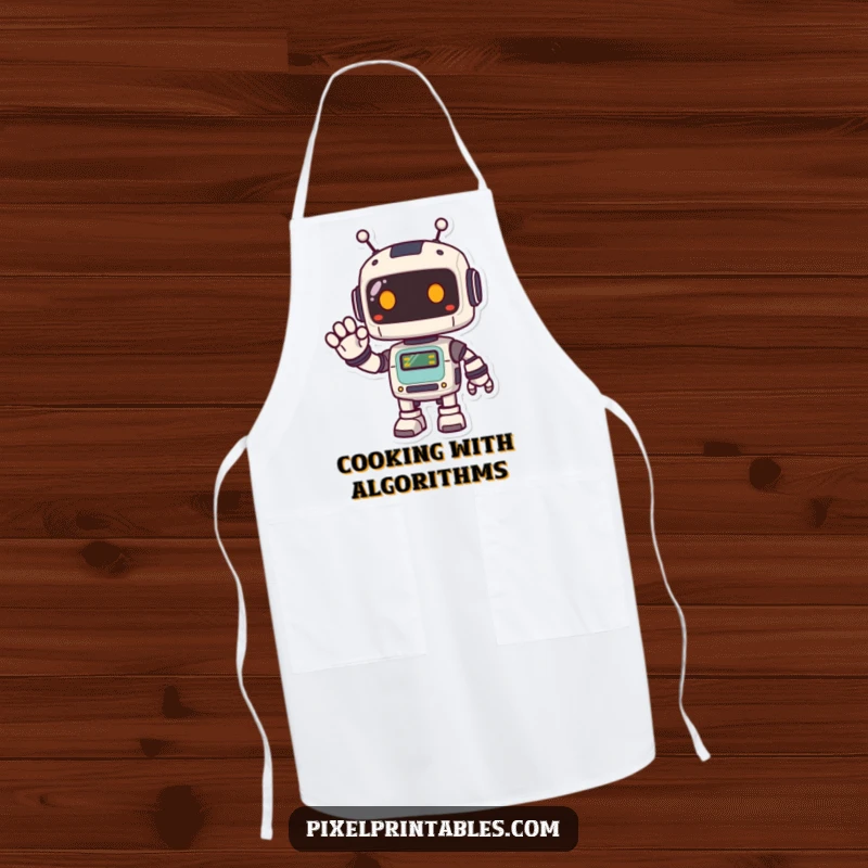 Funny Pixel Robot Apron showing a cute, happy, pixelated robot waving, combining kitchen practicality with delightful retro charm.