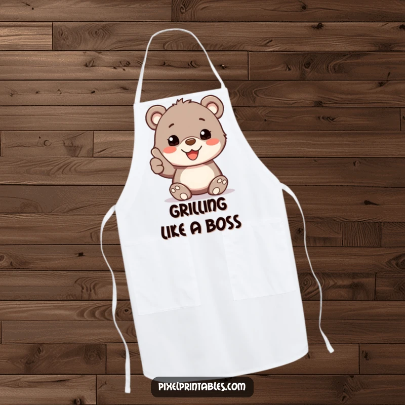 Funny Apron: A happy bear cub with pixelated fur gives a thumbs up, perfect for cooking with approval.