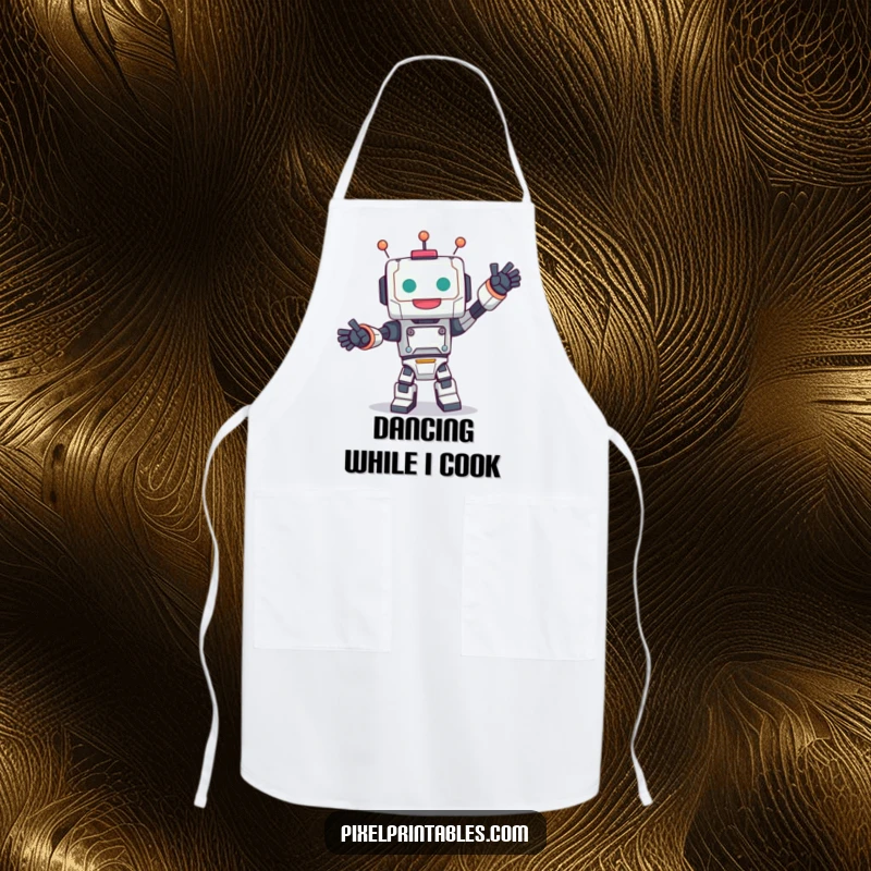 Funny apron featuring a cute, blocky robot character performing a joyful dance, ideal for kitchen fun.