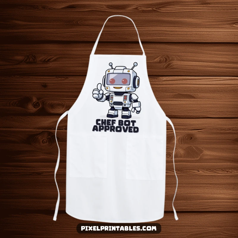 Funny kitchen apron with a blocky, pixelated robot giving a thumbs up, ideal for humorous cooking approval.