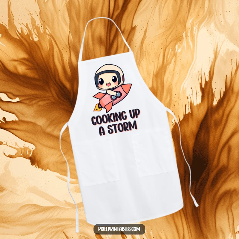 Funny apron depicting a happy pixel character with geometric forms riding a pixelated rocket, perfect for kitchen adventures.