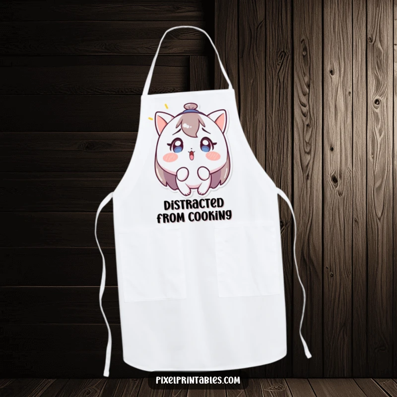 Funny apron depicting a character with a surprised expression, staring at a blinking light, perfect for adding humor to cooking.