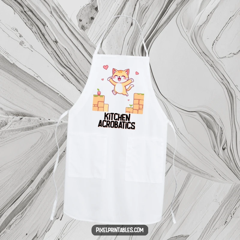 Funny apron with a cheerful cat character leaping over pixelated platforms, ideal for protecting clothes during kitchen adventures.