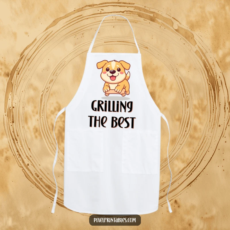 Funny Pixel Dog Apron: Determined pixelated dog chasing a pixel bone, kitchen humor pixel art.