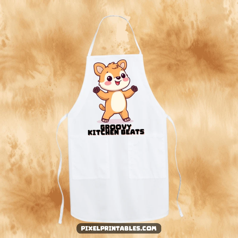 Funny pixel animal apron featuring a happy, blocky animal doing a silly dance, adding a humorous touch to cooking.