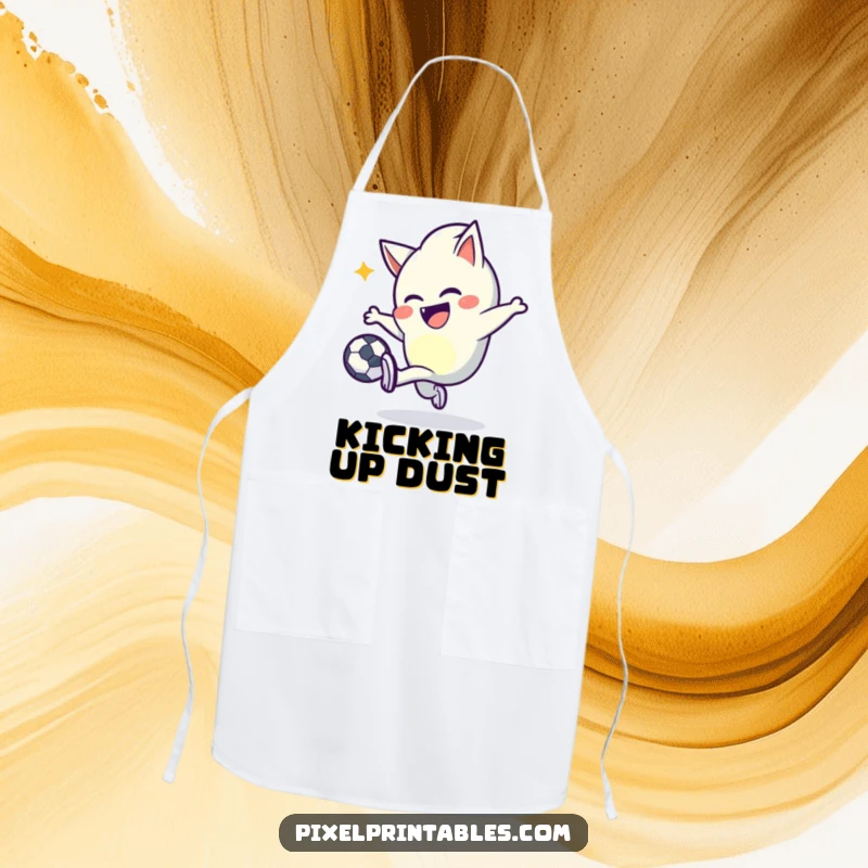 Funny pixel kicker apron showing a mischievous character with pointed pixels joyfully kicking a pixel ball, great for cooking.