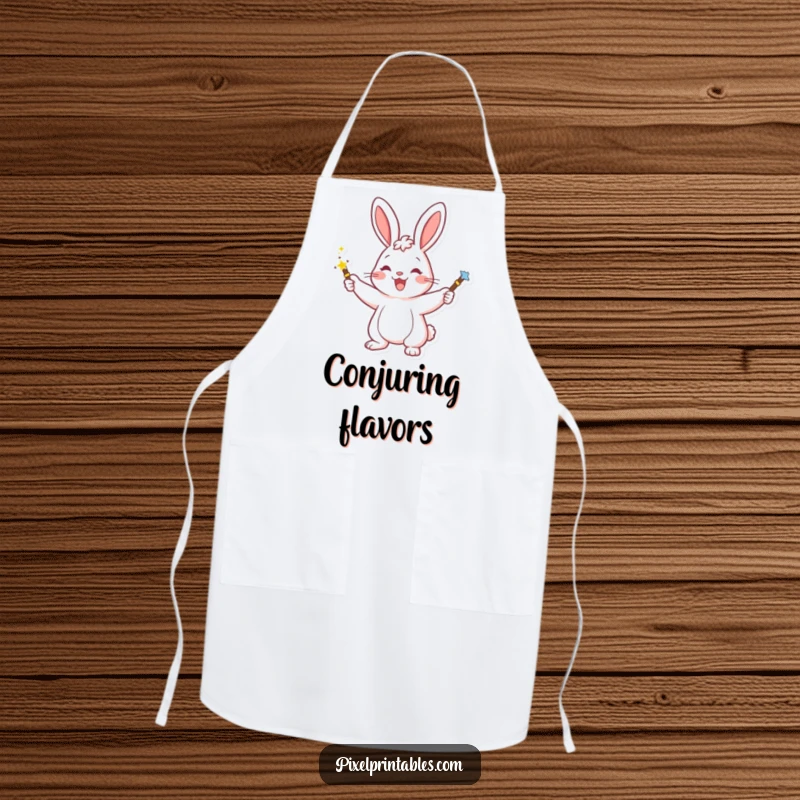Funny apron with a happy rabbit waving a pixelated magic wand, perfect for adding a touch of wonder to cooking.