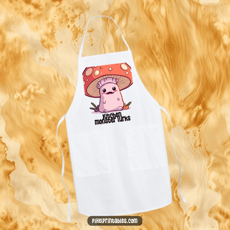 Funny Kawaii Monster Apron, a cute monster peeking from behind a pixel mushroom, perfect for kitchen fun.