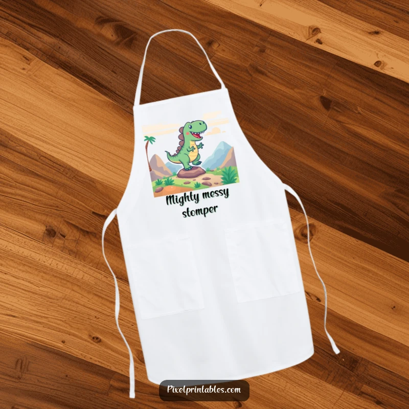 Funny apron showing an excited cartoon dinosaur mid-stomp in a pixelated landscape, a playful kitchen accessory.