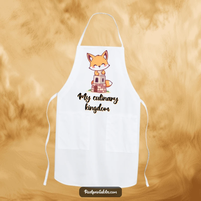 Funny pixelated fox building a tiny pixelated tower on a kitchen apron, a retro gaming design for creative cooking.