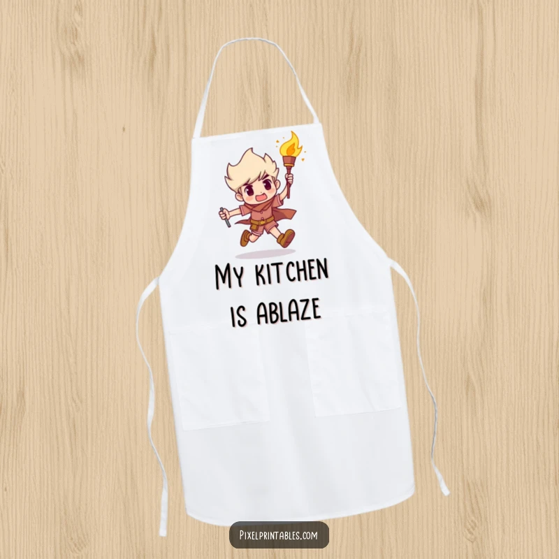 Funny Apron: A character runs with a torch, symbolizing determination in the kitchen with a humorous flair, a great funny gift.