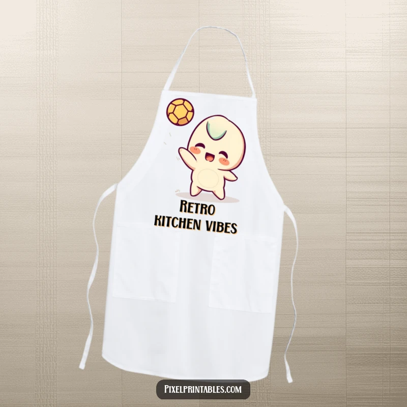 Funny pixel apron featuring a playful pixelated character tossing a pixel ball, adding a humorous touch to kitchen wear.