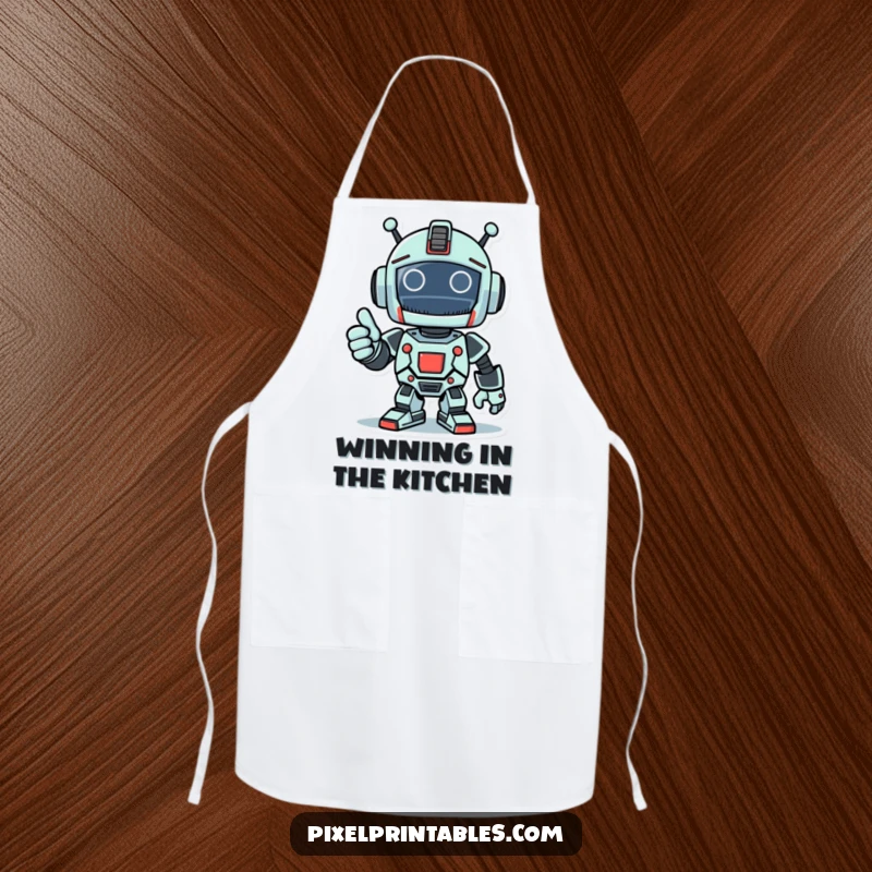 Funny apron showcasing a pixelated robot giving a thumbs-up, a playful kitchen accessory for winners.