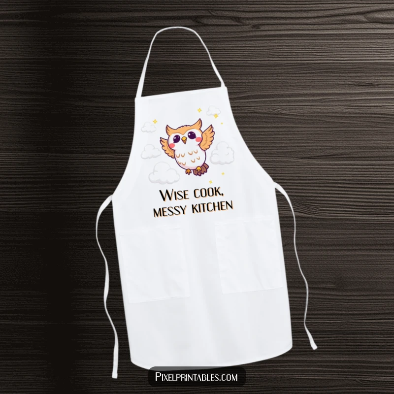 Funny pixel owl apron with a joyous pixelated owl flying through pixel clouds, perfect for retro kitchen fun.