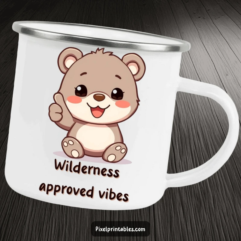 Funny Camping Mug: A happy bear cub with pixelated fur gives a thumbs up, designed for outdoor enjoyment.