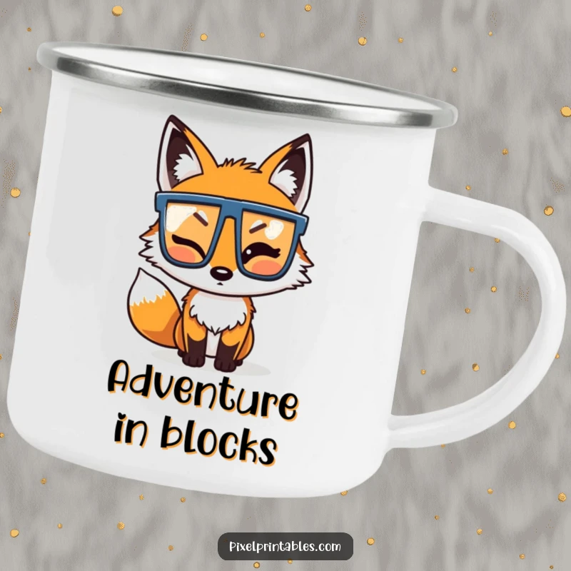 Funny Pixel Fox Camping Mug: A winking pixelated fox with pixel glasses, perfect for outdoor adventures and retro humor.