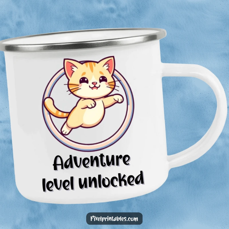 Funny enamel camping mug featuring a pixelated cat leaping through a pixelated hoop, ideal for humorous outdoor gaming enjoyment.