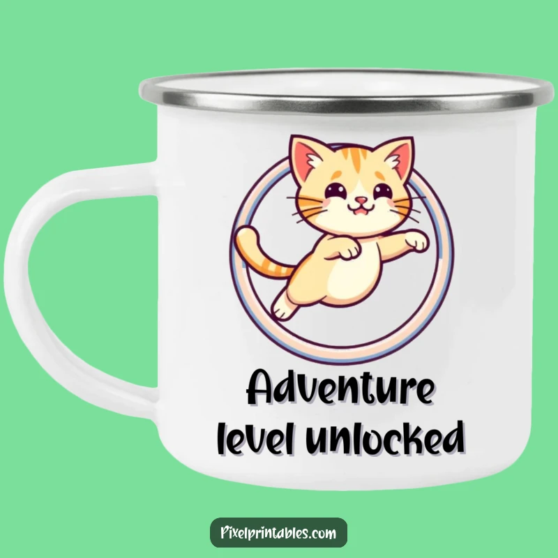 Funny Enamel Camping Mug: Pixel Cat Hoop, Retro Outdoor Gift!