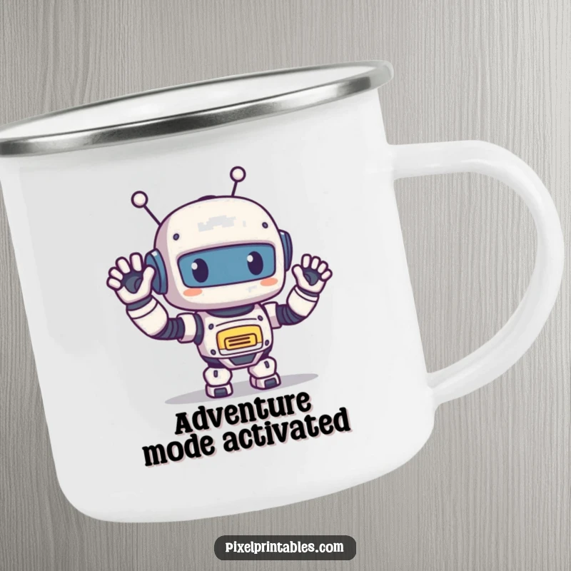 Funny Pixel Robot Camping Mug: Cute pixelated robot waving happily, durable retro mug for camping trips.