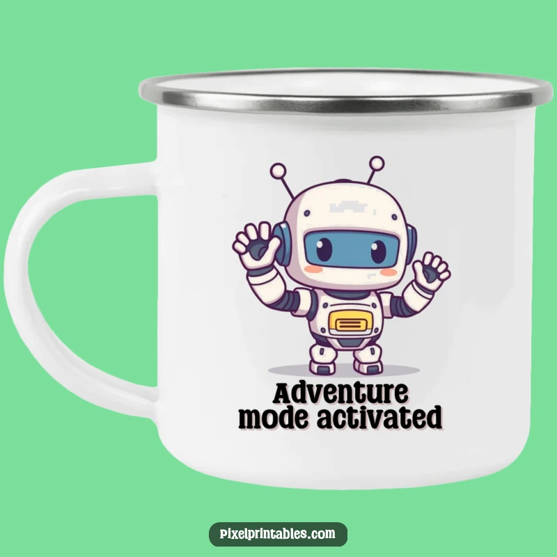 Funny Pixel Robot Camping Mug: Outdoor Happy Wave, Retro Adventure Cup