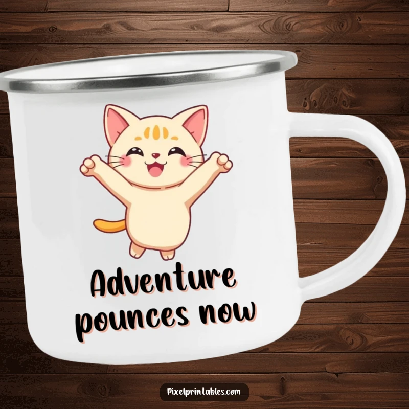 Funny Pixel Cat Camping Mug featuring a smiling, pixelated cat in a playful leap, perfect for enjoying drinks outdoors with feline flair.
