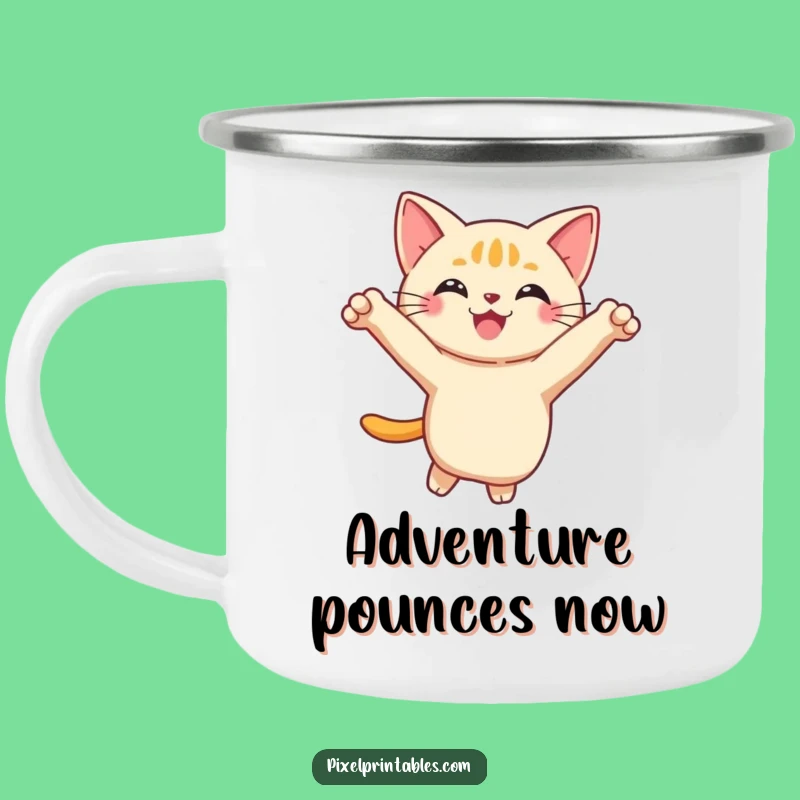 Adventure-Ready Funny Pixel Cat Camping Mug: Playful Feline Cup, Perfect Gift