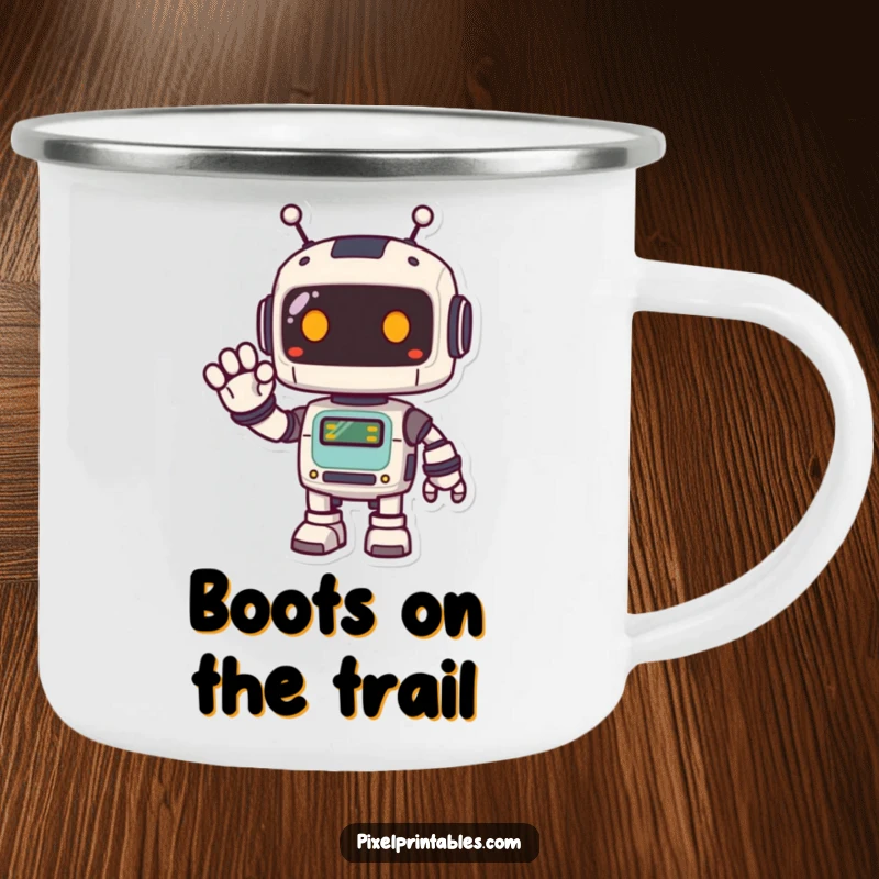 Funny Pixel Robot Camping Mug featuring a cute, happy, pixelated robot waving, perfect for enjoying drinks on the go with retro charm.