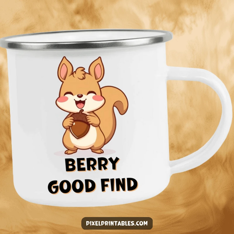 Funny pixelated squirrel triumphantly holding a pixelated acorn on a camping mug, a retro gaming design for celebrating outdoor finds.