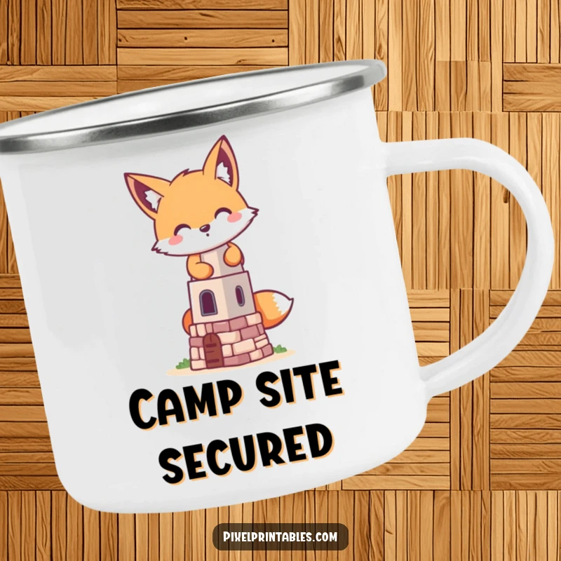 Funny pixelated fox building a tiny pixelated tower on a camping mug, a retro gaming design for adventurous builders.