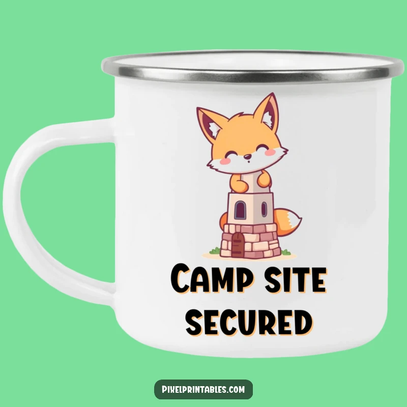 Funny Pixel Fox Camping Mug - Adventure Building with Mischievous Pixel Tower Gift