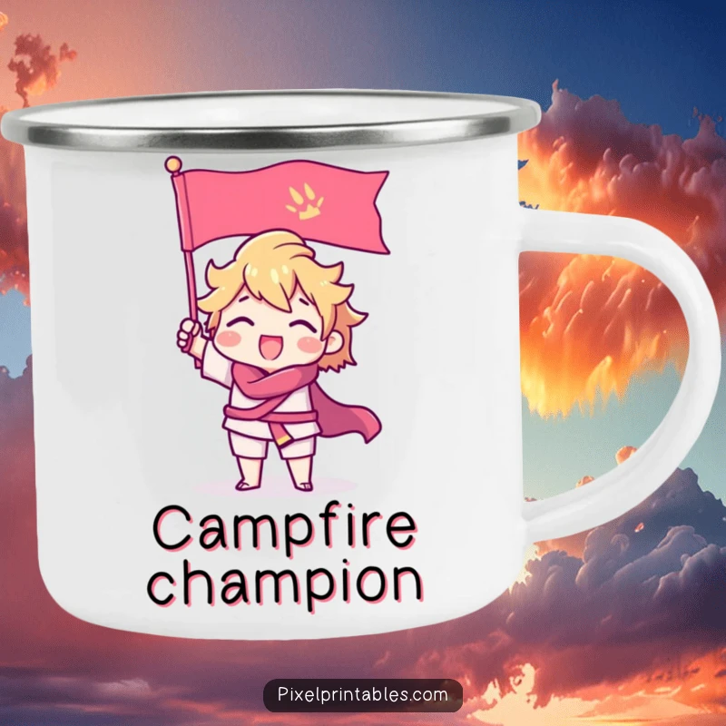 Funny Camping Mug featuring a triumphant pixel character with sharp edges raising a pixel flag, ready for outdoor fun.