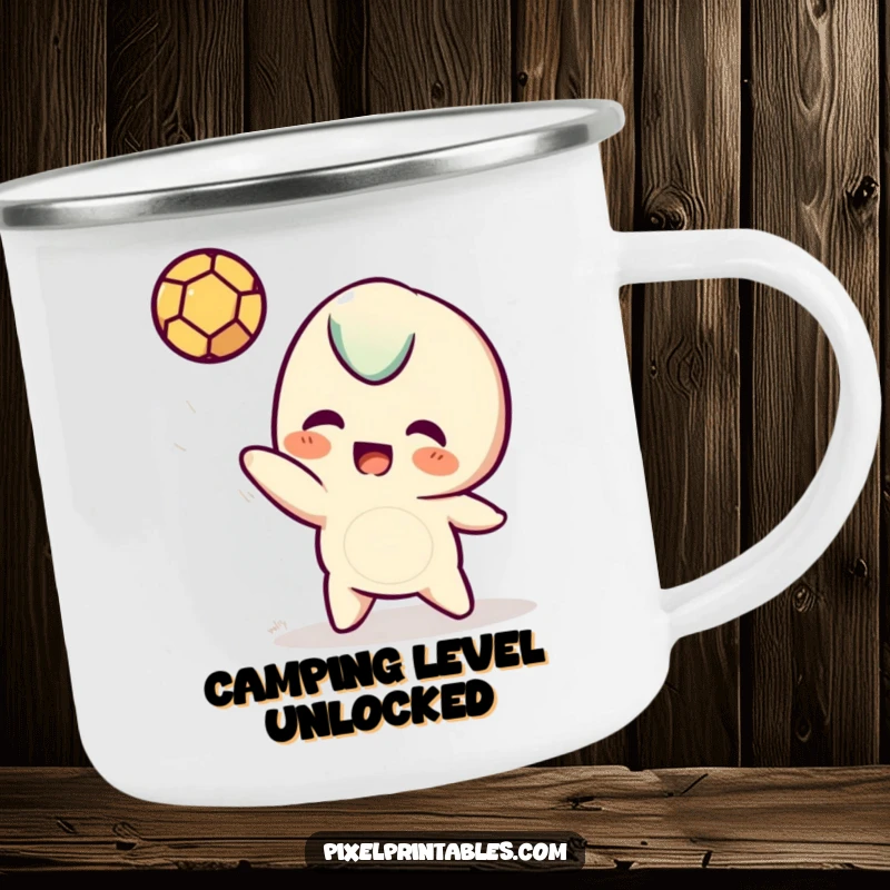 Funny pixel camping mug with a playful pixelated character tossing a pixel ball, designed for outdoor use and retro charm.