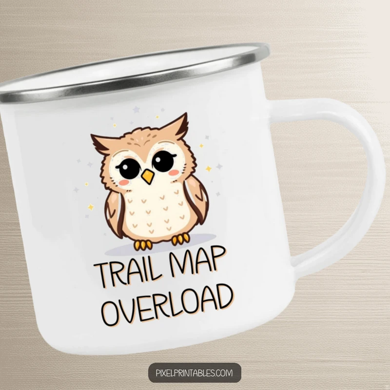 Funny pixelated owl camping mug showing an owl looking at a pixelated star map, built for ruggedness and cosmic contemplation.